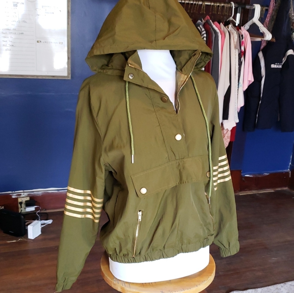Olive green hooded windbreaker size medium, gold stripes